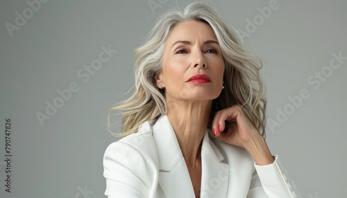 Grayhaired woman in white jacket, red lipstick, smiling