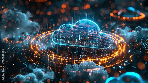 Futuristic visualization of a glowing data cloud amidst digital cyberspace, symbolizing network connectivity and cloud computing. photo
