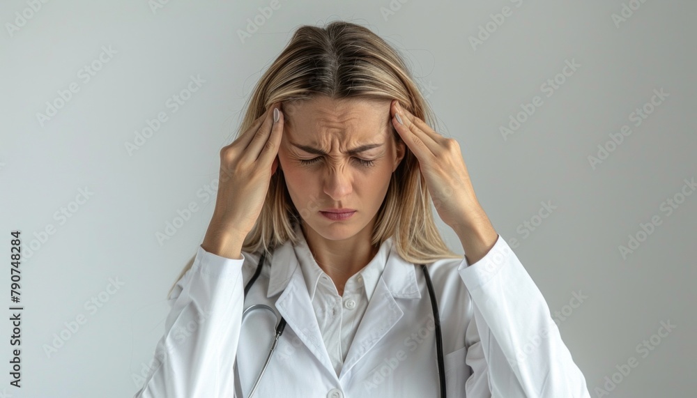 The female doctor in fashionable dress shirt holds her head in pain The female doctor in fashionable dress shirt holds her head in pain