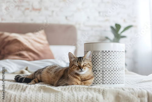 Cute cat and air purifier in bedroom for filter and cleaning removing dust.