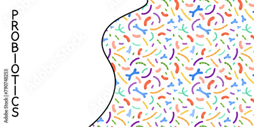 Probiotics background. Different colorful microbiome and microbiota. Bifidobacterium and lactobacillus. Banner poster or advertising backdrop, packaging design, vector cartoon flat style illustration
