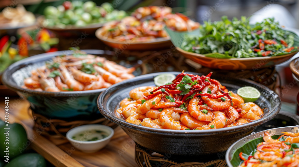 An assortment of shrimp dishes presented in rustic bowls on a wooden table, garnished with herbs and chili. An assortment of shrimp dishes presented in rustic bowls on a wooden table, garnished with herbs and chili.