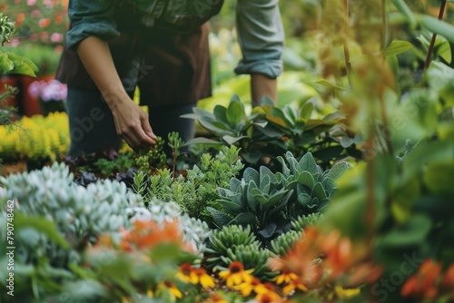 Man Working in Garden With Pink Flowers