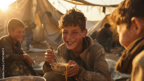 A boy smiles while eating noodles in a refugee camp at sunset. He is surrounded by other children who are also eating. The action takes place in a tent photo