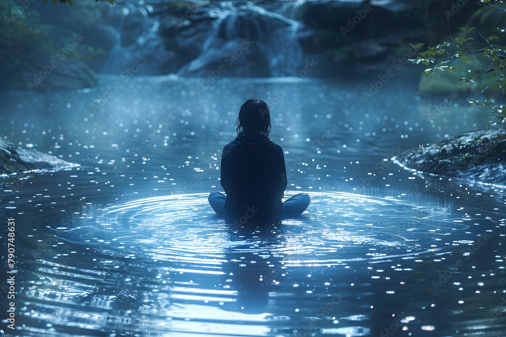 Blue-Aura Man by Serene Water: A Spiritual Moment Blue-Aura Man by Serene Water: A Spiritual Moment
