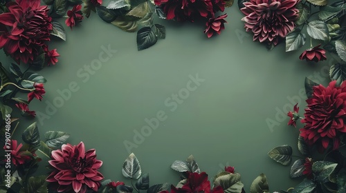 Frame made of beautiful burgundy flowers with copy space in the middle on green background photo