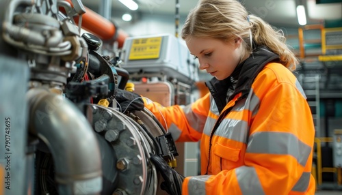 Woman in orange jacket works on machine in auto part factory