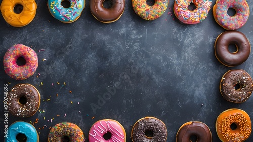 Frame made of colorful delicious donuts with copy space in the middle on dark background