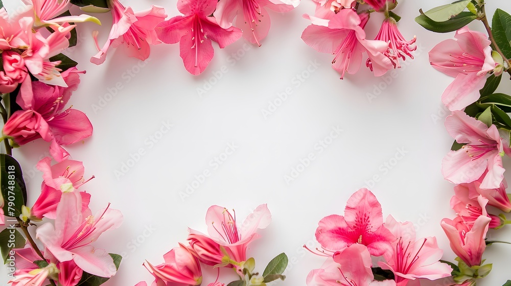 Frame made of beautiful pink flowers with copy space in the middle on white background
