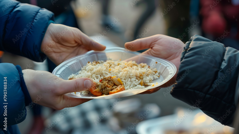 A volunteer passes a plate of food to another person. The plate is filled with rice and vegetables. The action takes place outdoors in a refugee camp