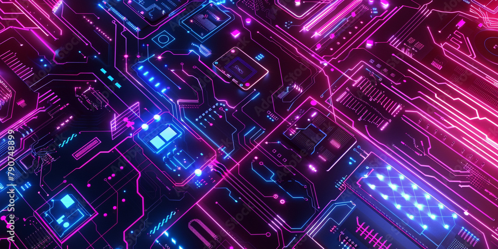 Illustrate a high-tech vector background with intricate circuitry patterns and glowing neon lights, reminiscent of cyberpunk aesthetics