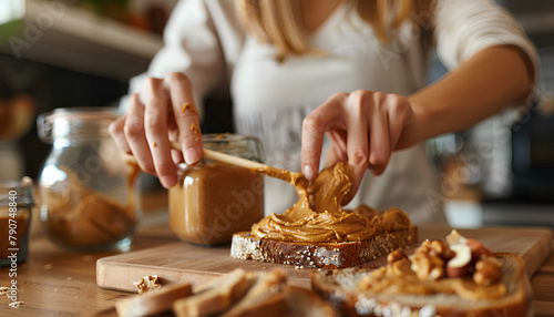 Young woman spreading nut butter onto toast in kitchen, closeup