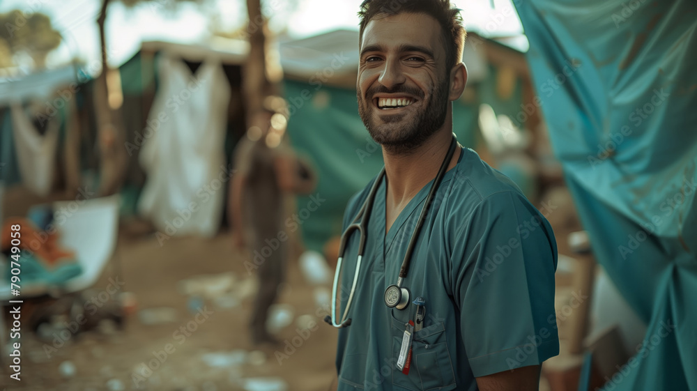 A smiling male doctor with a stethoscope around his neck, wearing a blue-green work shirt, stands in front of a tent in a refugee camp