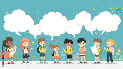 Vector poster collection of education figures for a back-to-school design featuring speaking or talking posture and empty white speech bubbles