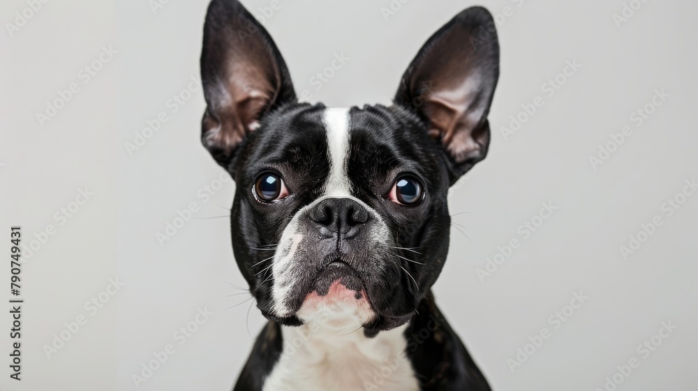 Studio headshot portrait of Boston terrier dog with head tilted looking forward against a white background