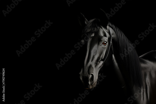 Black horse portrait on black background freisian breed
