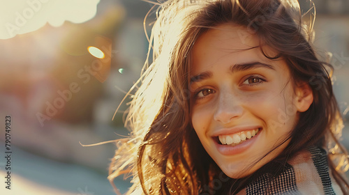 portrait of young happy woman looks in camera