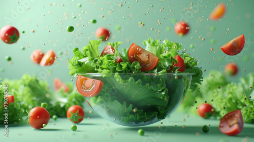 Dynamic image of a fresh green salad with tomatoes leaping from a glass bowl on a green background.