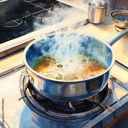 illustration of boiling water on kitchen stove watercolor,Generative ai