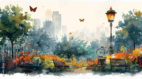 Artistic Renewal: Watercolor Depiction of Urban Park Transformed by Recycled Creations photo