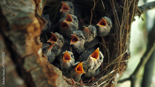 A close-up of a nest nestled in a tree, filled with fluffy baby birds eagerly awaiting their next meal
