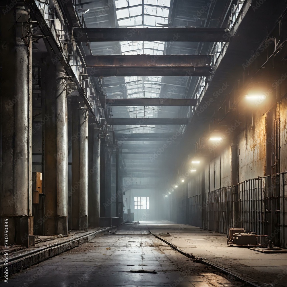 An atmospheric industrial environment with gritty metal surfaces and dimly lit corridors, evoking a sense of mystery and intrigue.
