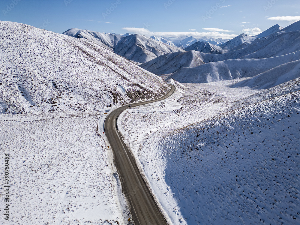Lindis Pass, New Zealand: Aerial landscape of the Lindis pass between Mt Cook region and Wanaka on a sunny winter day in New Zealand southern alps