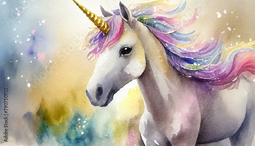 A soft, dreamy, photorealistic watercolor painting of a unicorn, perfect for a gentle and artistic representation.