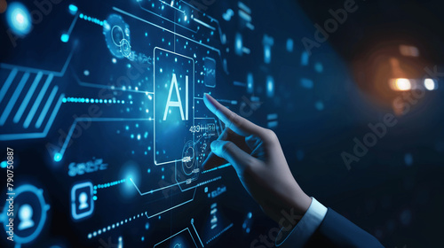 Human & robot touch AI hologram. Future business design. Dark blue background #790750887