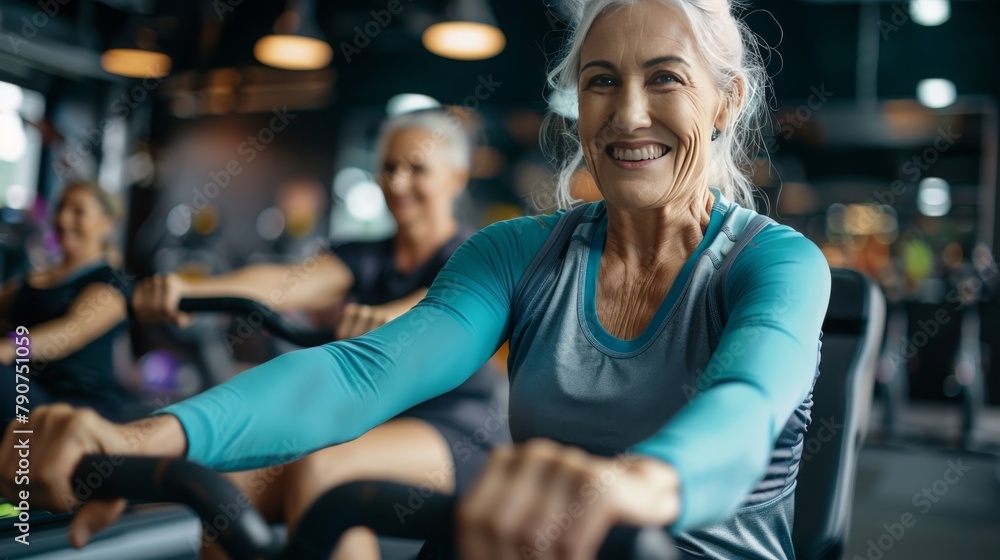 Active Mature woman Joins Fitness Class, Rowing Towards Health Happiness Active Mature woman Joins Fitness Class, Rowing Towards Health Happiness