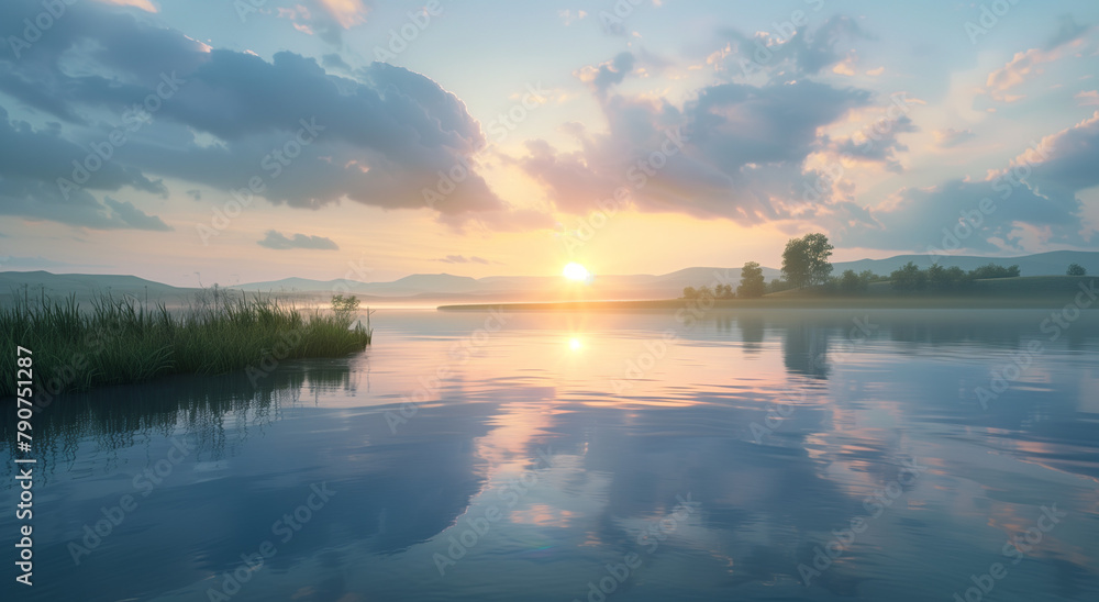 sunset over the river, **photorealistic image of river reflecting the sky with an approaching storm cloud, sunrise, beautiful, peaceful, calming 