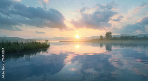 sunset over the river, **photorealistic image of river reflecting the sky with an approaching storm cloud, sunrise, beautiful, peaceful, calming 