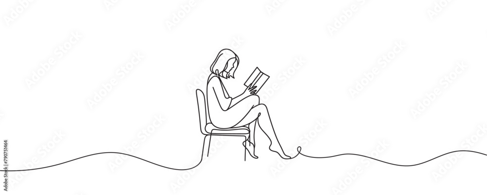 One continuous line drawing, a girl reading a book. vector illustration.