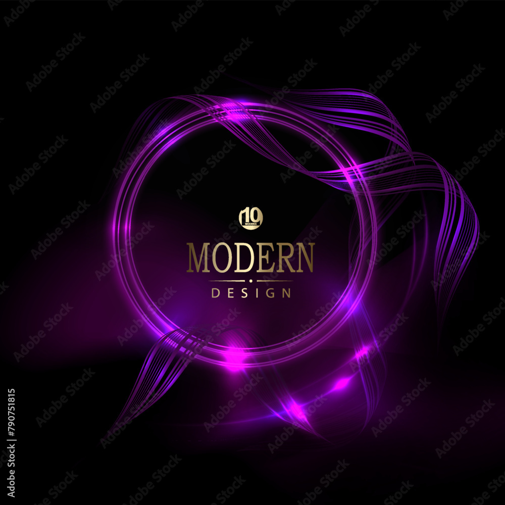 Isolated purple round frame with ribbons and glitter on a black background. Isolated purple round frame with ribbons and glitter on a black background.