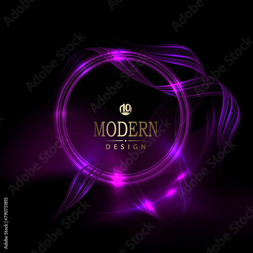 Isolated purple round frame with ribbons and glitter on a black background.