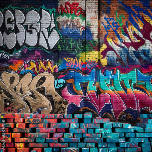 Spray-painted brick wall. Urban art brick wall.