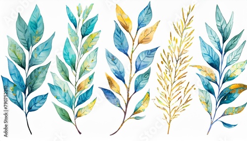 A set of five hand-painted watercolor branches with leaves  a range of blue  turquoise and gold hues  isolated on a white background  perfect for elegant design themes