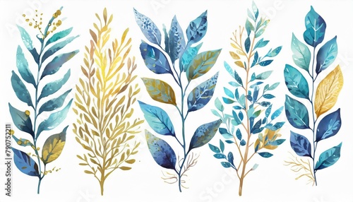 A set of five hand-painted watercolor branches with leaves  a range of blue  turquoise and gold hues  isolated on a white background  perfect for elegant design themes