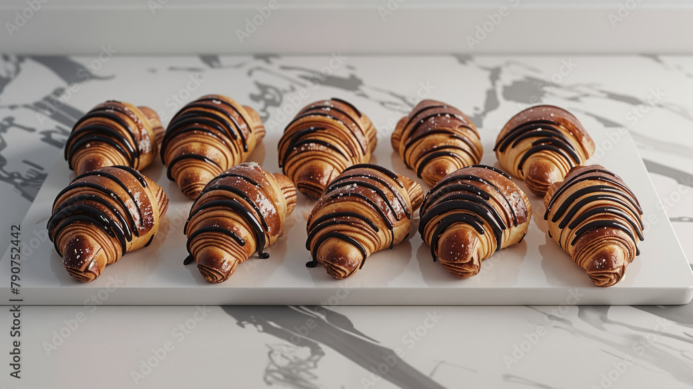Luxurious Chocolate-Filled 3D Croissants on Marble Countertop Luxurious Chocolate-Filled 3D Croissants on Marble Countertop