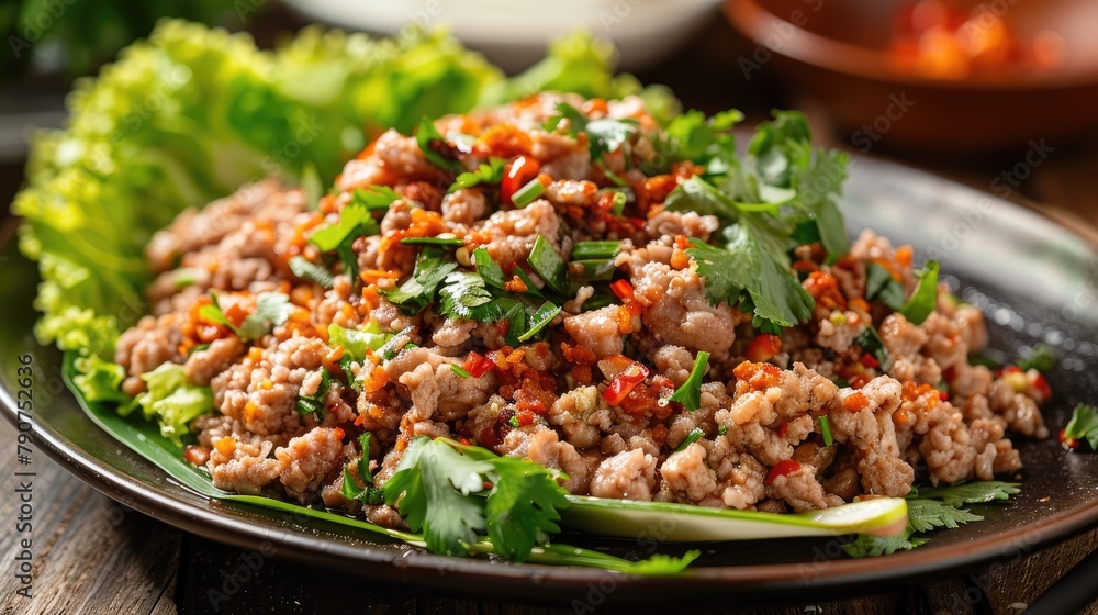 Thai spicy minced pork salad with fresh vegetable on rustic background Thai spicy minced pork salad with fresh vegetable on rustic background