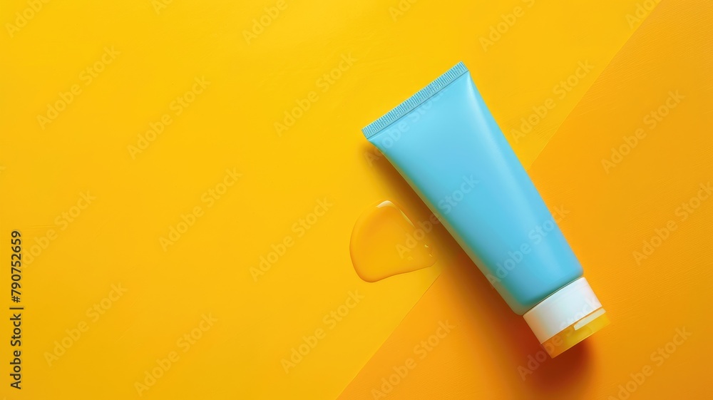 Blue tube with liquid spill on yellow surface Blue tube with liquid spill on yellow surface