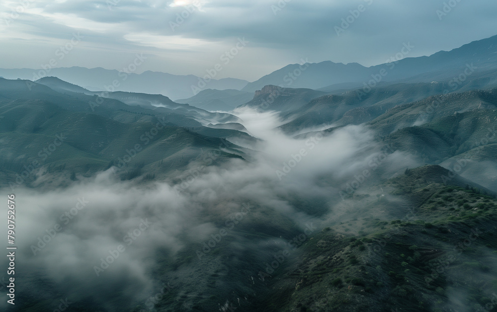 fog over the mountains, drone photo of mexican mountains, cinematic foggy photo 