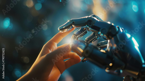 Conceptual image of a human finger delicately touching a robot's metallic finger, representing the harmony between humans and AI technology. Blurred technology background. #790752625