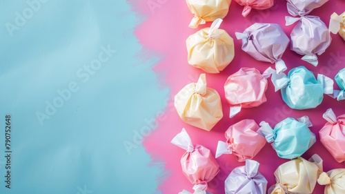 Assorted colorful wrapped candies on dual-tone background photo