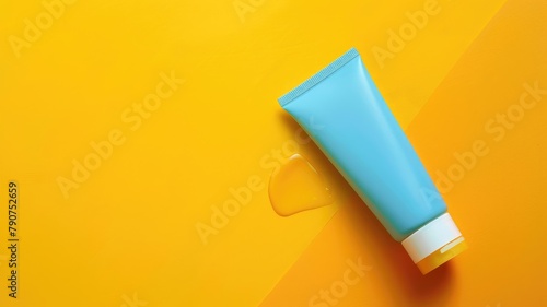 Blue tube with liquid spill on yellow surface
