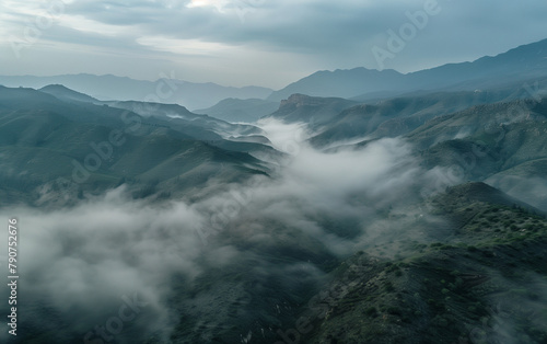 fog over the mountains, drone photo of mexican mountains, cinematic foggy photo 