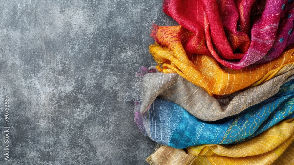 Colorful stack of assorted fabrics with intricate patterns on textured gray background