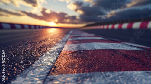 Sunset at closeup wet race track with red and white curb photo