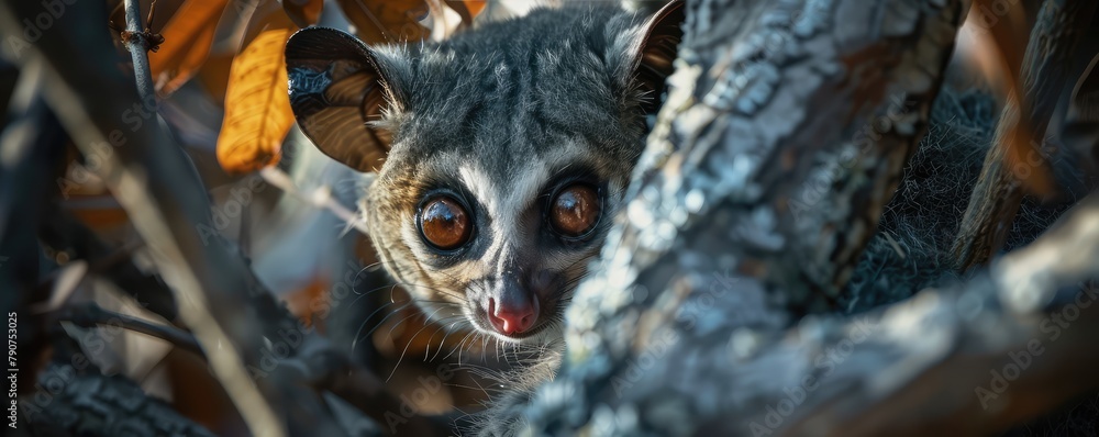 portrait of a bushbaby with disproportionately large eyes in a shadowy