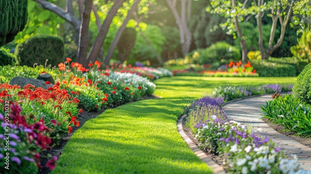 Curved pathway through vibrant garden with variety of flowers in sunlight
